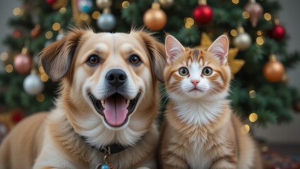 A joyful dog and cat embrace the festive spirit near a decorated Christmas tree.