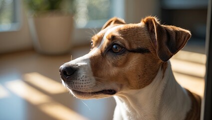 Jack Russell Terrier profile in sunlight indoors with a soft focus background, golden sunlight casting shadows on light wooden floor.