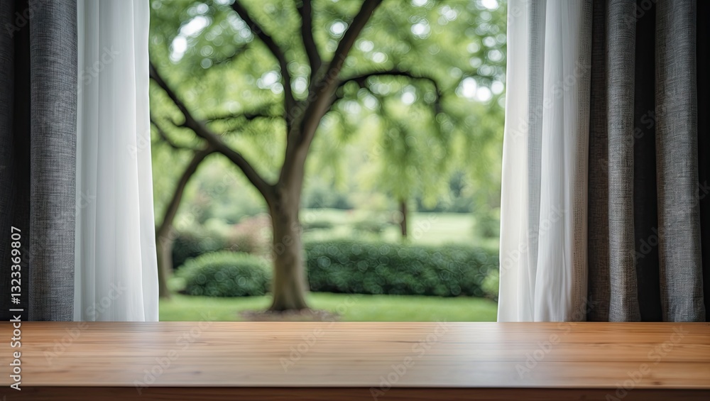 Leinwandbilder Serene view from a wooden table with soft gray curtains framing a lush green garden and tree in the background, creating a tranquil atmosphere.