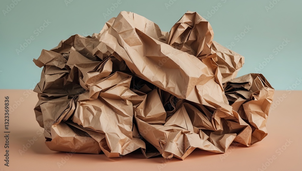 Leinwandbilder crumpled brown paper artfully arranged in a chaotic pile centered against a soft pastel green backgr