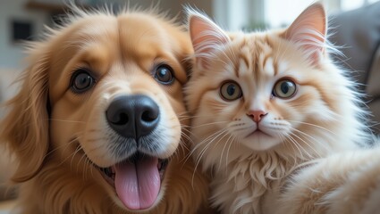 A joyful golden retriever and a cute fluffy cat posing together, showcasing their friendship and playful nature.
