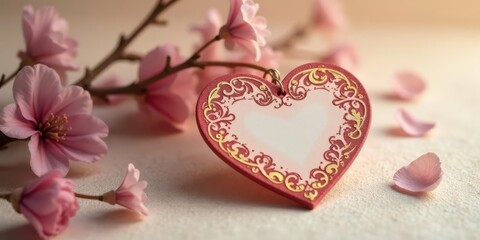 Fototapeta premium Ornate heart pendant rests on soft petals amidst delicate pink blossoms