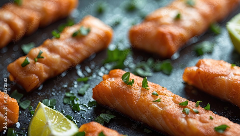 Poster Close-up image of orange salmon fillets garnished with fresh herbs and lime wedges on a dark textured surface with ample copy space