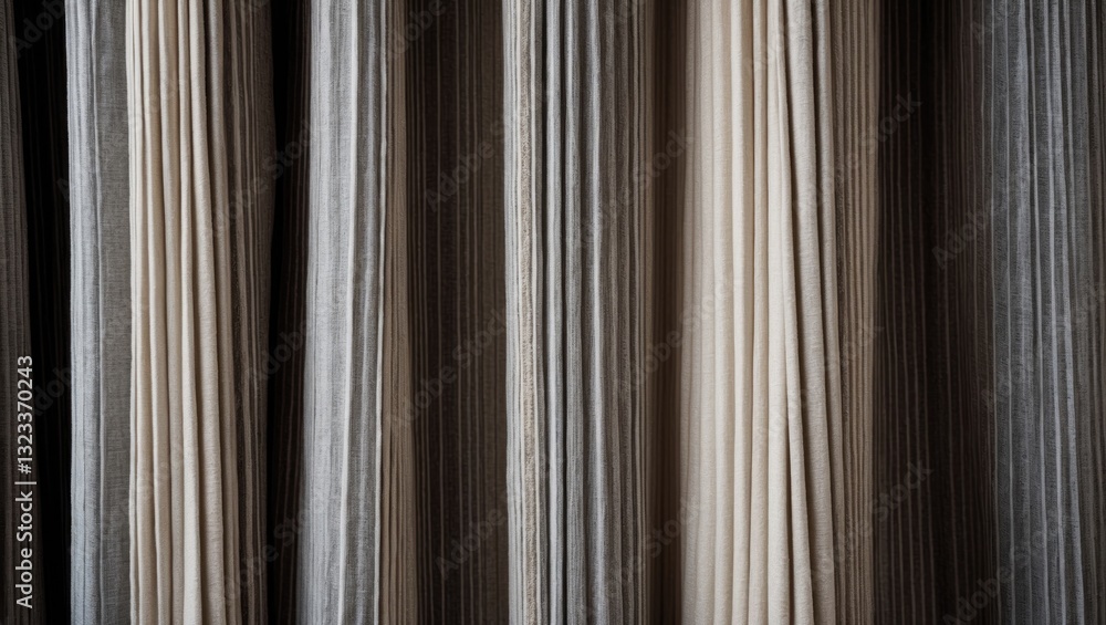 Fototapete Close-up of textured curtain with alternating thin and thick vertical folds in neutral tones of gray and cream against a subtle background.