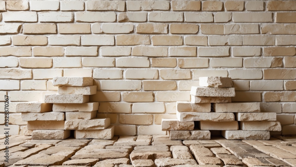 Poster Textured light beige brick wall with uneven stacks of stones on both sides, soft shadows enhancing the warm tones of the horizontal layout.