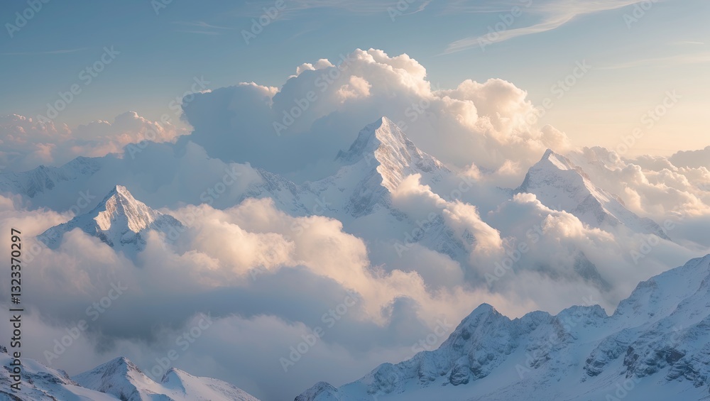 Poster snowy mountain peaks partially obscured by fluffy clouds, bathed in soft pastel hues of pink and blu