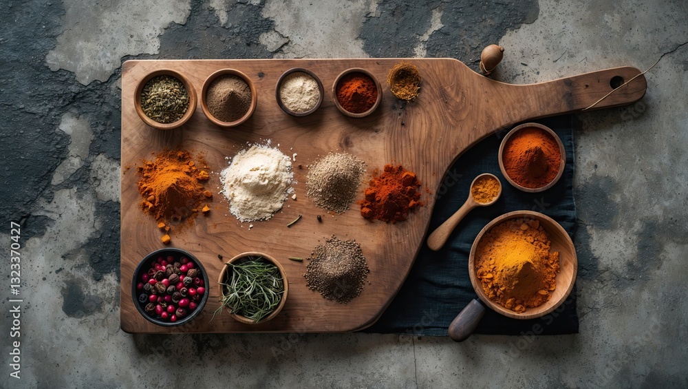 Poster rustic wooden kitchen board filled with colorful spices including turmeric and chili on a textured c