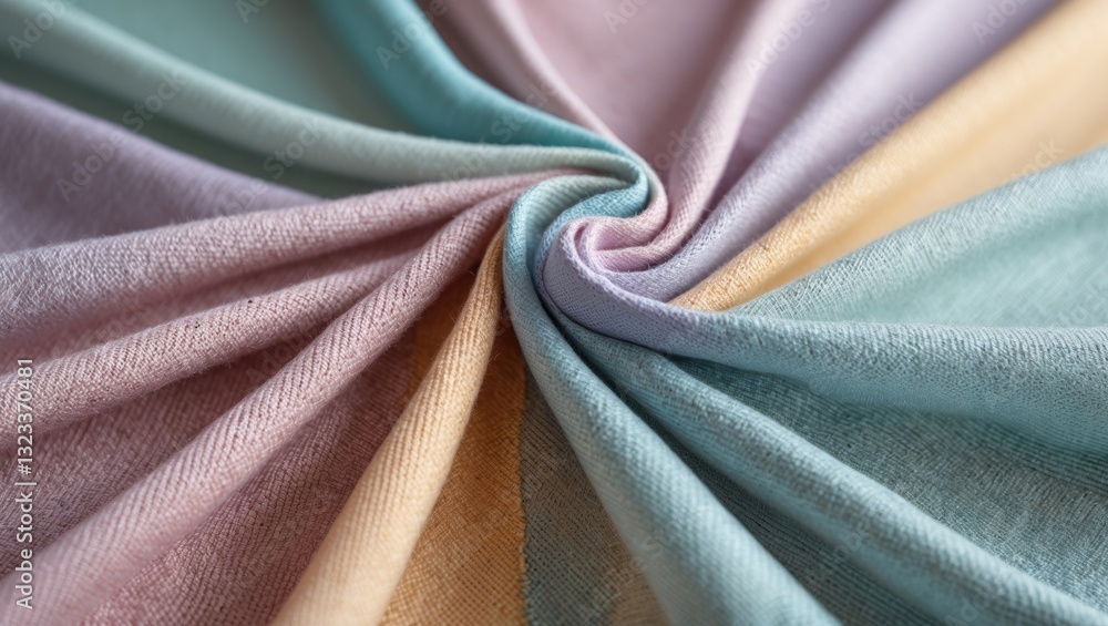 Poster soft pastel colored textile fabric arranged in a circular swirl pattern featuring blue, pink, and be