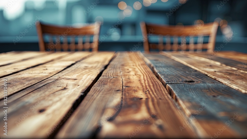Aufkleber Close-up of a rustic wooden table with textured grains, warm brown tones, and soft bokeh background featuring blurred chairs and lights.