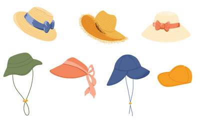 Straw hats, boonie hats, panamas vector set. Summer beach,  farmer vintage headwear. Gardening or farm agricultural workers straw hats symbols illustrations icons set