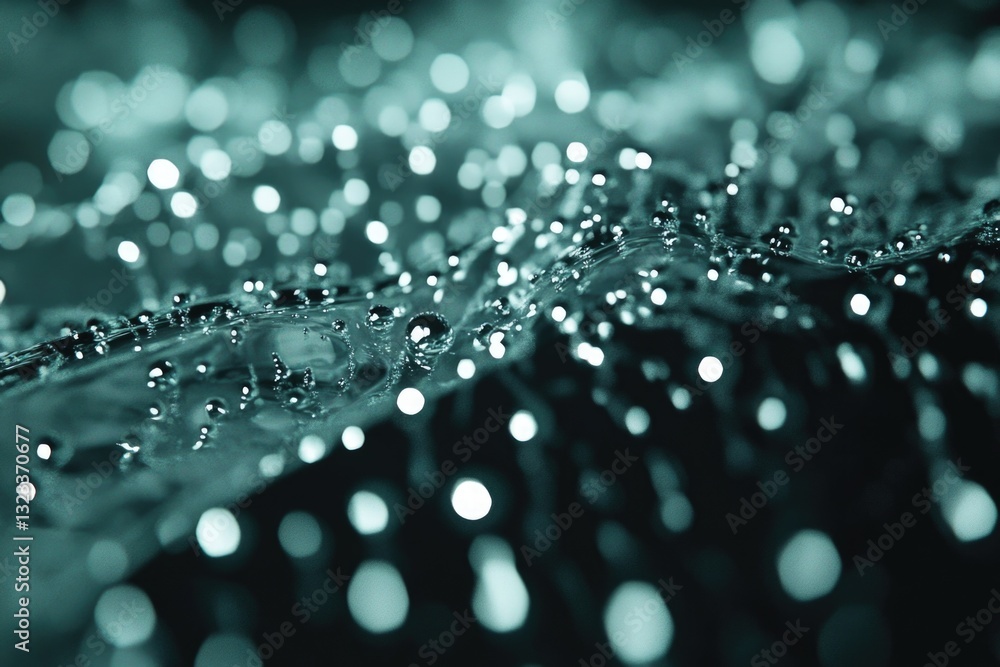 Poster close-up shot of tiny water droplets on the surface of a leaf, perfect for use in illustrations abou