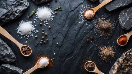 Variety of Spices and Salt on Dark Slate Background with Wooden Spoons and Pebbles Presenting Earthy Tones and Natural Textures in a Gourmet Setup