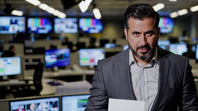 A Hispanic Male News Anchor in a Modern Newsroom Setting with Multiple Screens Displaying News Broadcasts and Data Analysis in the Background