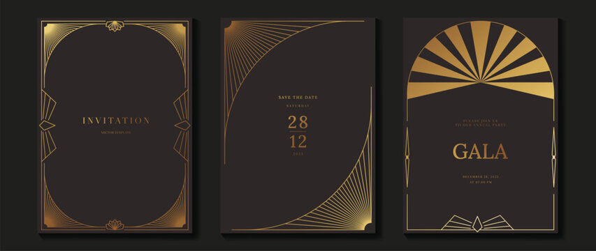 Luxury invitation card background vector. Golden elegant wavy gold line pattern on brown background. Premium design illustration for wedding, vip cover template, grand opening, flyer. 