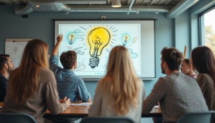A diverse group of young adults is engaged in a brainstorming session, captivated by a vibrant light bulb illustration on the screen. The atmosphere is charged with creativity and collaboration, as