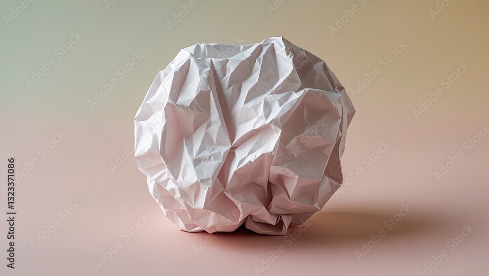 Aufkleber crumpled white paper ball centered on a soft pastel gradient background with subtle green and pink t