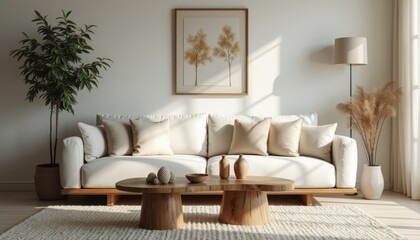 A serene living room features a plush white sofa adorned with soft beige pillows, complemented by a wooden coffee table and decorative elements. The warm sunlight filters through the windows, casting