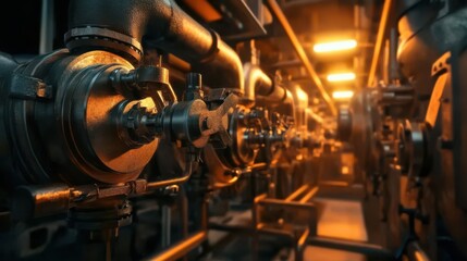 Fototapeta premium This image features intricate industrial pipes and machinery illuminated by warm lighting, symbolizing the complexity and beauty of industrial design.