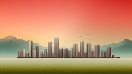 Obraz premium Urban Skyline with Mountains and Sunset in Vibrant Colors