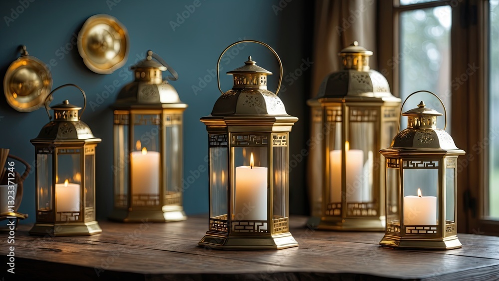 Poster elegant gold lanterns with lit candles displayed on a wooden table against a teal wall, enhancing a 