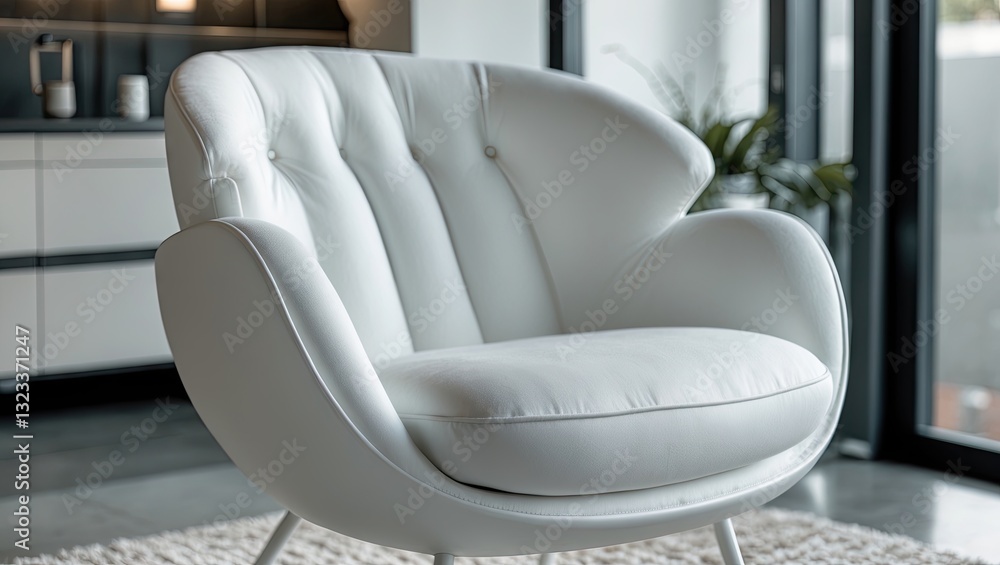 Poster stylish modern white chair with a curved backrest positioned in a bright room with large windows and
