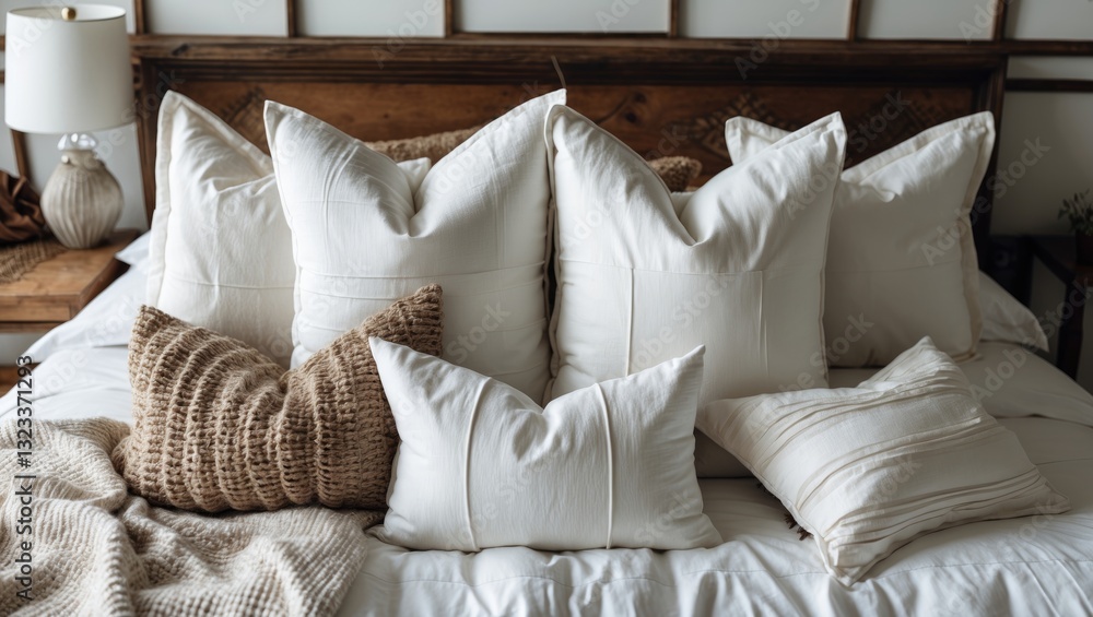 Poster cozy arrangement of neutral white pillows in various sizes on a soft bed with a light textured throw