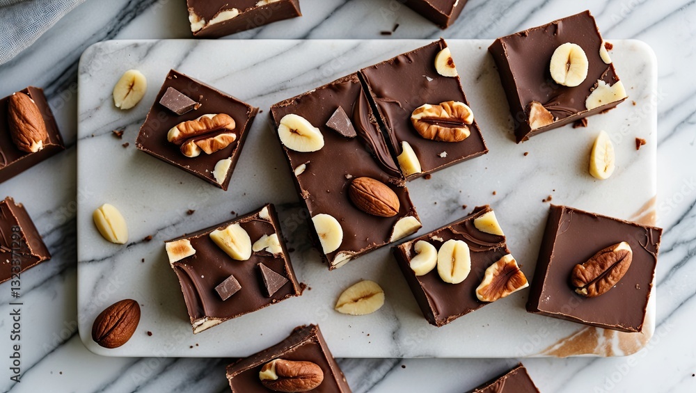 Poster Sliced chocolate fudge with nuts arranged on a white marble tray, pieces scattered around, ample copy space for text or design elements.