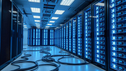 Blue-Lit Data Center with Rows of Servers and Cables on Floor.