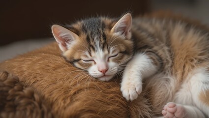 A peaceful kitten sleeping comfortably on a fluffy surface, radiating warmth and cuteness.
