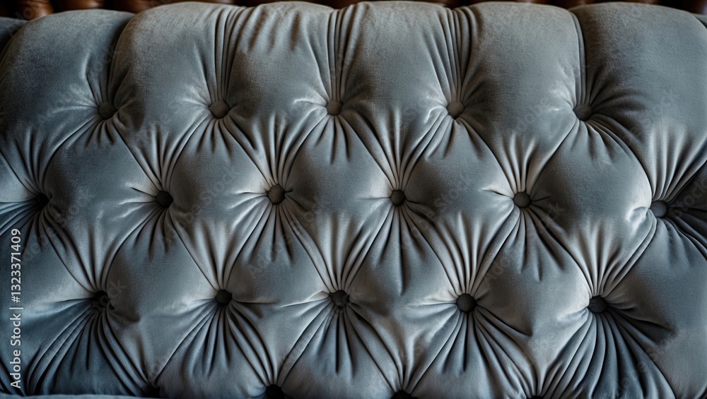 Poster textured grey velour background showcasing intricate quilted upholstery with deep button tufting and