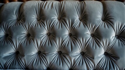 Fototapeta premium Textured grey velour background showcasing intricate quilted upholstery with deep button tufting and elegant folds highlighting craftsmanship.