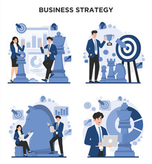 Set of Business strategy concept achieve goal effective business planning innovation and teamwork discuss