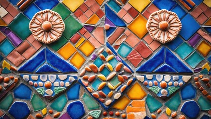 Fototapeta premium Vibrant mosaic tile pattern with a mix of blue, green, yellow, and orange colors featuring floral designs and textured elements on a wall surface.