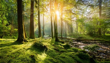 Fototapeta premium beautiful sunny morning in green forest