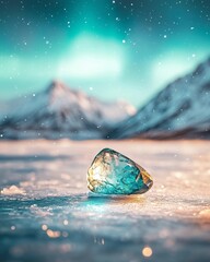 Obraz premium Trillion Cut Aquamarine Gemstone on Ice with Aurora Borealis