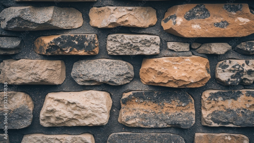 Poster textured stone wall featuring various shades of brown and gray with irregular shapes and sizes, crea