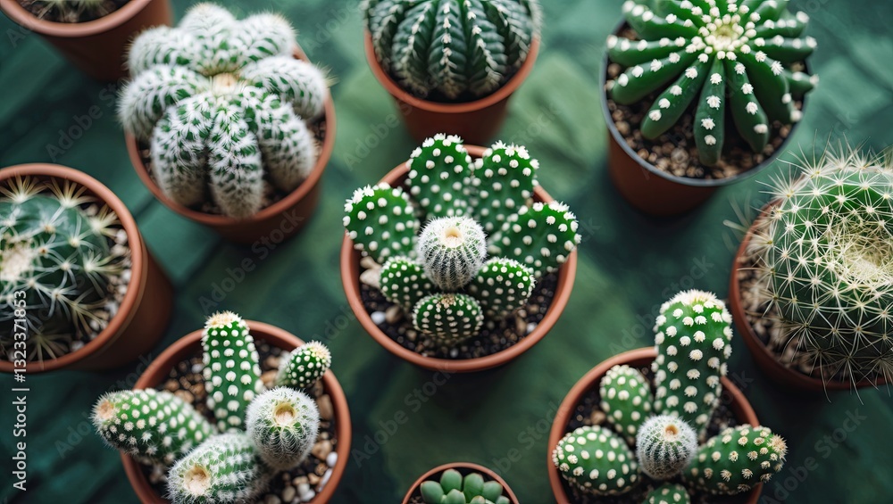 Poster collection of various potted cactus plants arranged in terracotta pots on a green textured surface, 