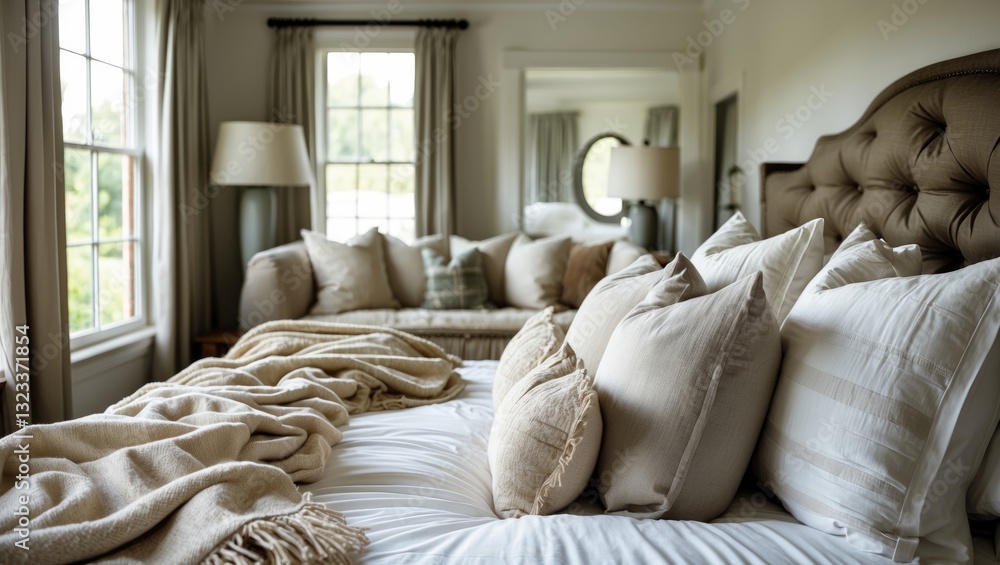 Poster cozy neutral-toned bedroom with a large tufted bed adorned with multiple textured pillows and a warm