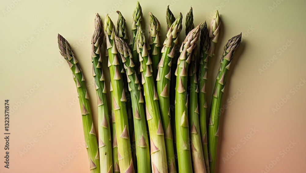 Poster fresh green asparagus spears arranged vertically on a soft pastel gradient background showcasing gre