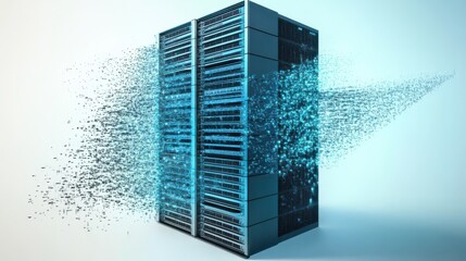A cutting-edge data server cabinet bursts with abstract digital particles, symbolizing the fusion of technology and data in a visually striking manner.