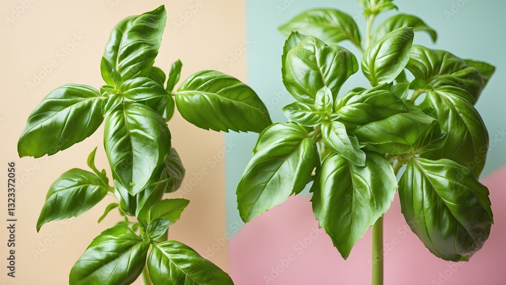 Poster fresh green basil leaves arranged in two clusters against a pastel peach and teal background highlig