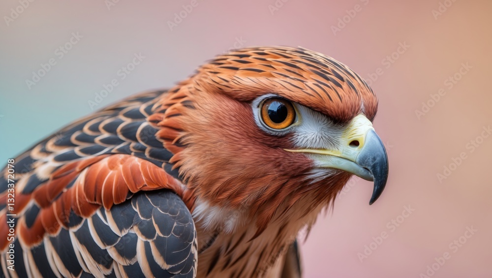 Poster Closeup of a Red Kite bird head with intricate brown and orange feathers against a soft pastel background highlighting its sharp gaze and beak.