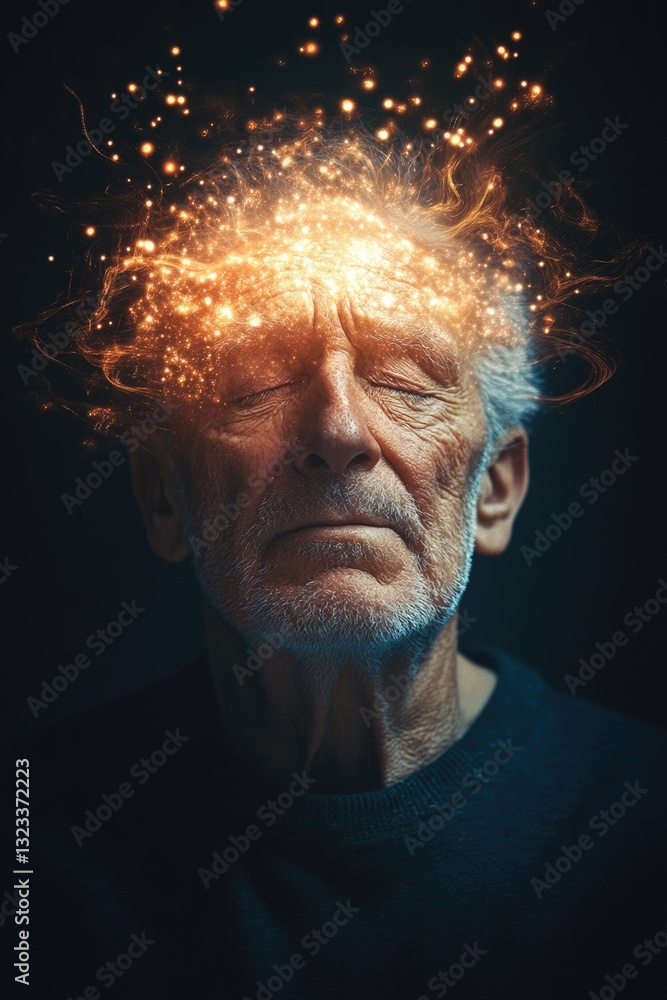 Poster a person with a bright or illuminated head standing in a dimly lit environment