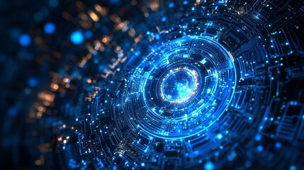 Obraz premium Abstract futuristic technological circular design with glowing blue lines and circuits.