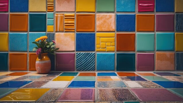 Colorful tiled wall and floor with a variety of vibrant squares in teal, orange, yellow, and green alongside a potted flower in a terracotta vase.