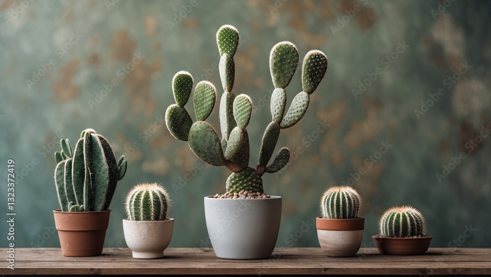Poster Succulent display with five cacti in various pots on a rustic wooden surface against a textured teal and earthy backdrop creating a minimalist aesthetic.