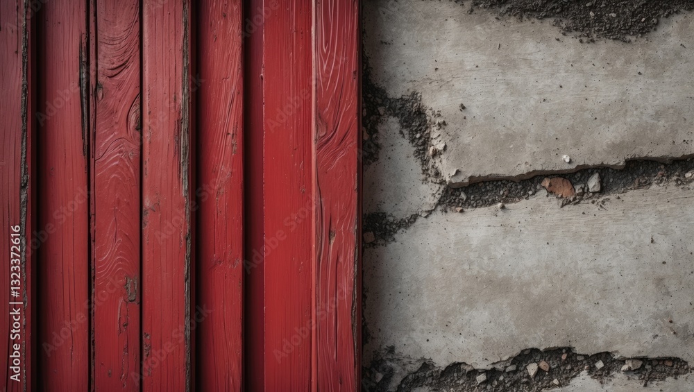 Leinwandbilder red lacquered wood panels on the left contrasting with a rough gray cement wall on the right, creati