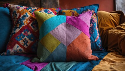 Colorful patchwork cushion centered on a vibrant blue fabric sofa surrounded by patterned throw pillows in rich hues of orange, pink, and turquoise.