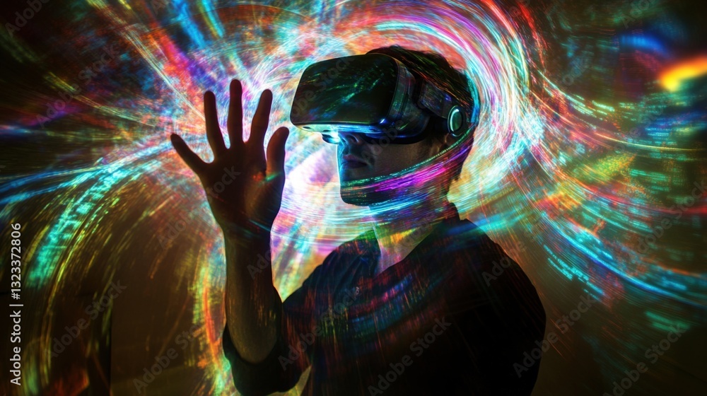 Poster an intimate view of a researcher engrossed in a virtual reality headset manipulating holographic dat
