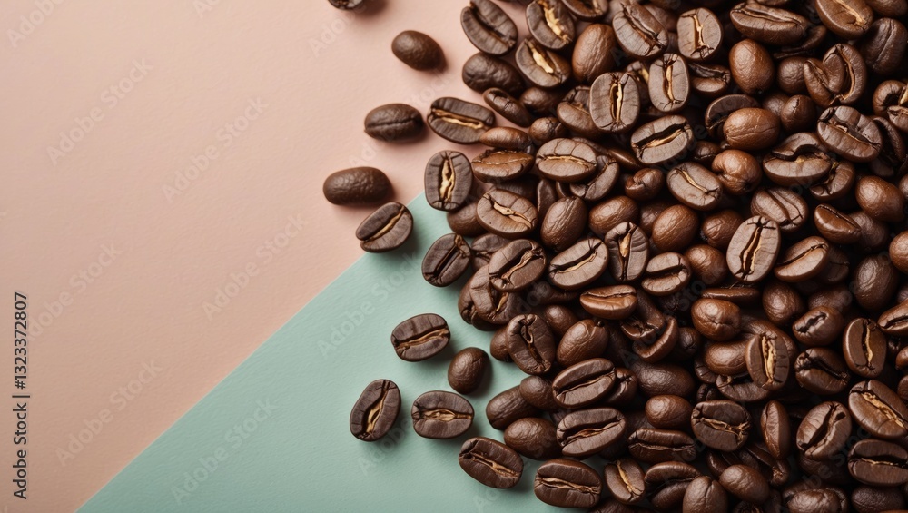 Poster coffee beans scattered on a pastel background featuring soft pink and mint green colors, emphasizing